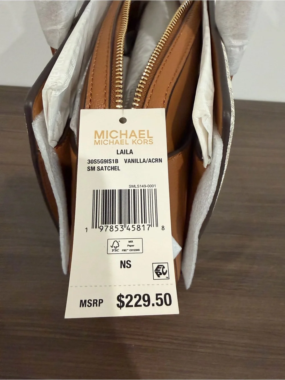 Michael Kors Cream MK Logo Satchel with Brown Trim